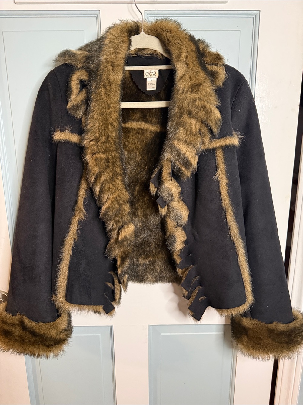 Cache Black  Jacket with Brown Faux-Fur Trim